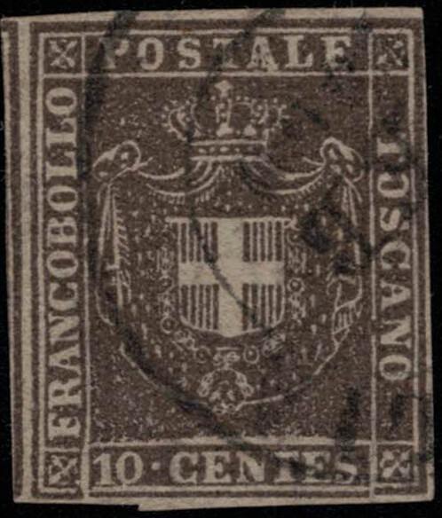 ZAYIX 1860 Tuscany Italy State 19 used 10c deep brown Coat of Arms 031922-S05