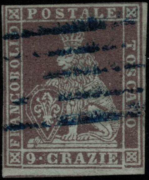 ZAYIX 1851 Tuscany Italy State 8a used 9cr dp brown violet Lion Shield 031922S02