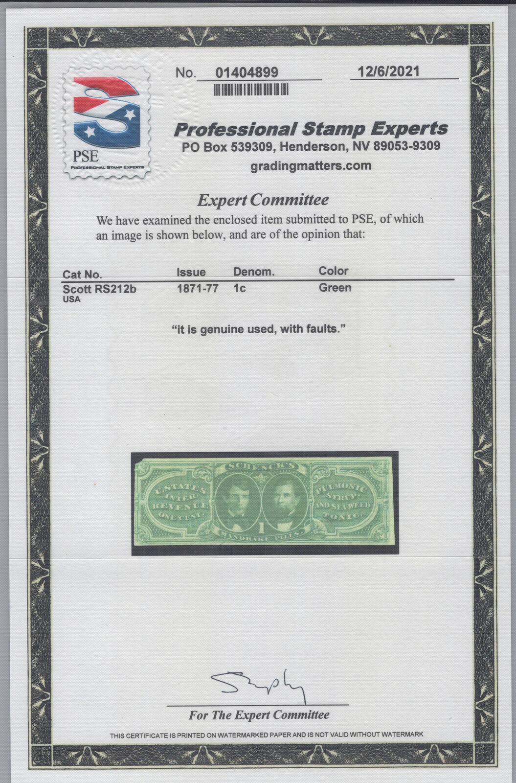 US Revenue Medicine RS212b Schneck's Mandrake Pills, cert ZAYIX 1024M_MAR017