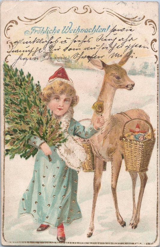Merry Christmas Girl with tree, deer, presents ZAYIX 060522SM103