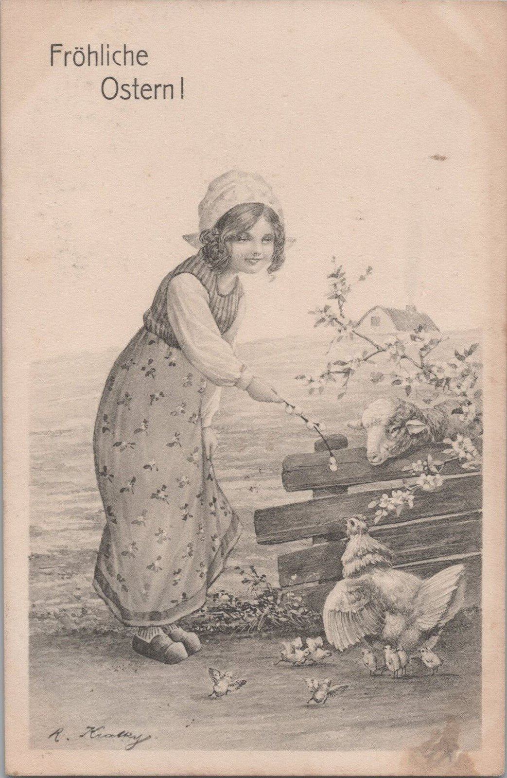 Happy Easter Fröhlich Ostern Artist Signed Maiden Chicken Lamb ZAYIX 060522SM100