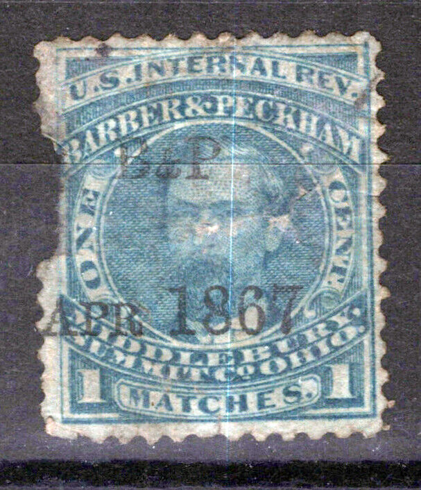 US Revenue Match Stamp RO20a used Barber Peckham, damage, thins ZAYIX 0924MAR109