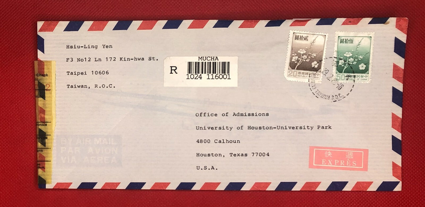 Taiwan Registered Express Cover Taipei Mucha-Houston Flowers ZAYIX 121121SM17