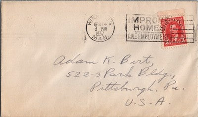 Canada Slogan Cover 1937 IMPROVE HOMES GIVE EMPLOYMENT to USA ZAYIX 053122SM07