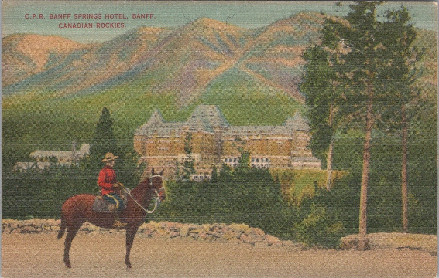 C.P.R. Banff Springs Hotel Canada Mountie Rockies Postcard ZAYIX 090222PC34