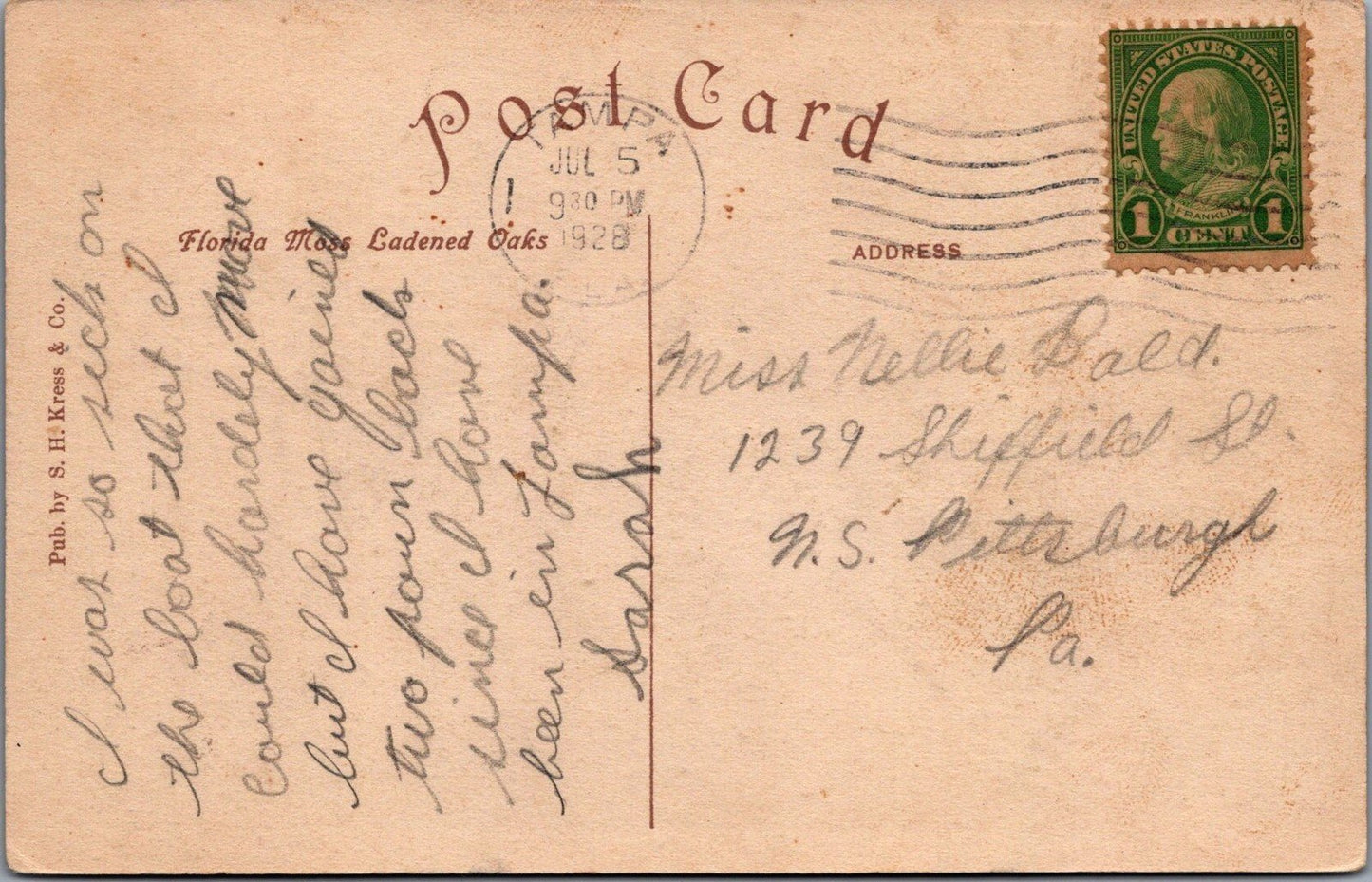 Florida Moss Laden Oaks 1928 S.H. Kress & Company Postcard ZAYIX 090222PC47