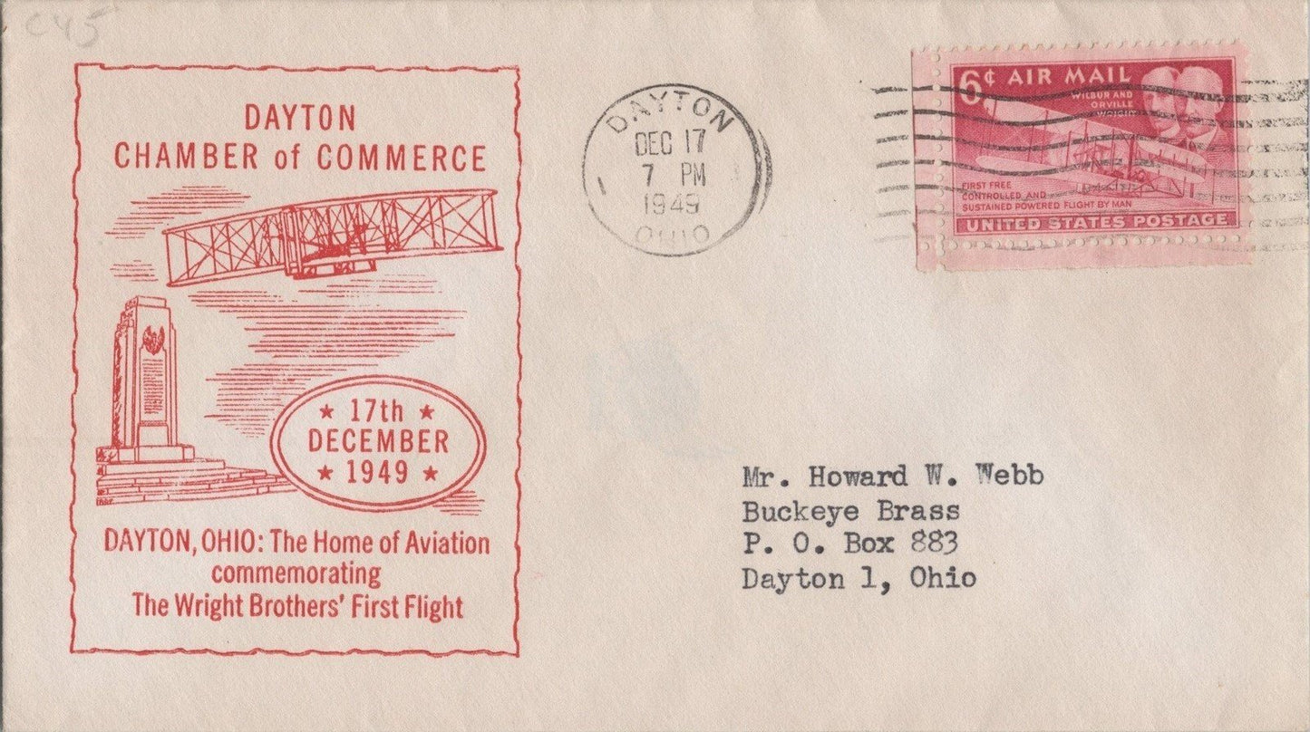 US C45 FDC unlisted Dayton Chamber of Commerce cachet Wrights ZAYIX 113022SM57