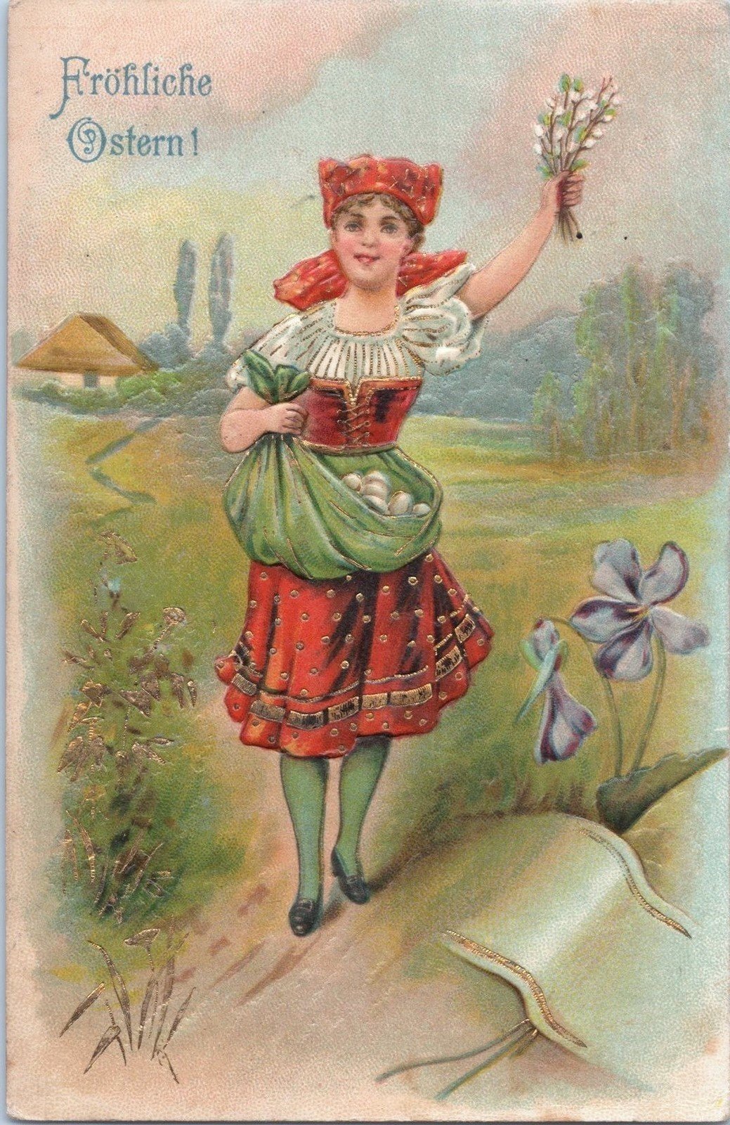 Happy Easter Embossed Gold painted Pretty Girl & Eggs Zayix 060522SM99