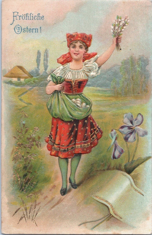 Happy Easter Embossed Gold painted Pretty Girl & Eggs Zayix 060522SM99