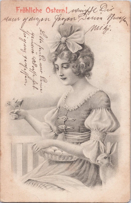 Happy Easter Pretty Lady with Eggs, Rabbit & Chick c1910 ZAYIX 060522SM97
