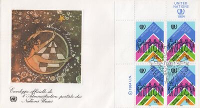 United Nations FDC Int'l Youth Year Geneva cachet block ZAYIX 031823SM168