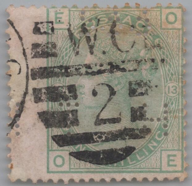Great Britain 64 used Plate 13 1sh pale green "T.H." perfin ZAYIX 103022S27
