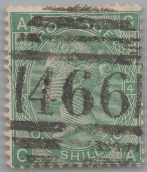 Great Britain 54 used Plate 4 1sh green Victoria 466 postmark ZAYIX 103022S21