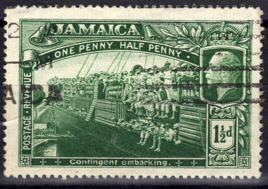 Jamaica 77 used, 1 1/2d, Wmk 3 1919 Soldiers Embarking Ship WWI ZAYIX 040322S72M