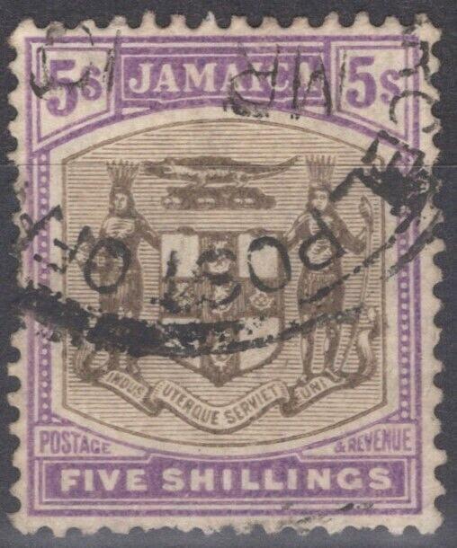 Jamaica 45 used 1905 5sh gray & violet Wmk 3 chalky paper Arms ZAYIX 040322S61