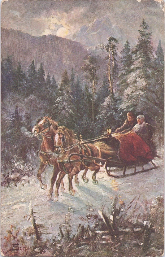 Horse-drawn Sleigh Christmas c1910 Artist Signed German School Assoc ZAYIX 060522SM141