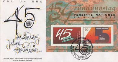 United Nations Geneva FDC 45th Year souvenir sheet UNPA ZAYIX 031823SM132
