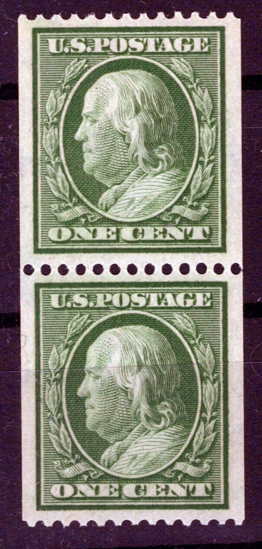 US 348 MNH XF 1c green Franklin coil pair stamps perf 12 horiz ZAYIX 0424MAR0022