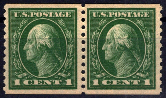 US 443 MNH XF 1c green Washington perf 10 vertical coil pair ZAYIX 0424MAR0037