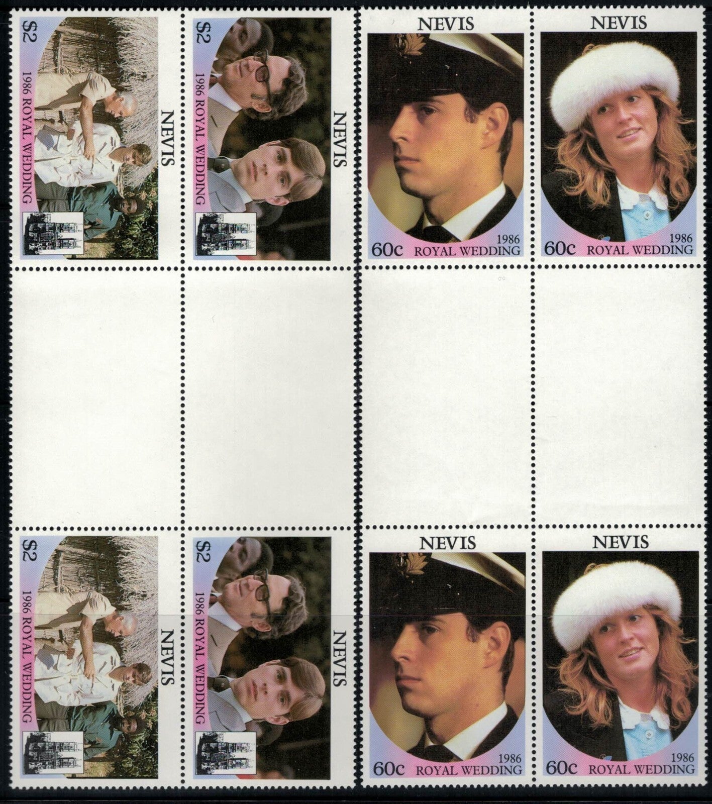 Nevis 498-499 MNH Royal Wedding Andrew & Fergie Gutter Blocks ZAYIX 030822SM30