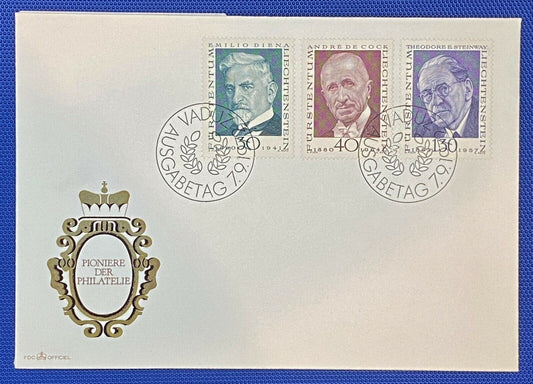 ZAYIX Liechtenstein Mi 570-2 / Sc 509-11 FDC Pioneers of Philately 011022-SM41