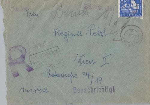 ZAYIX Romania 1961 Registered Cover with "Notified" Auxiliary Mark 0224M0120