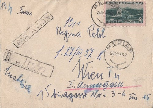 ZAYIX Romania 1957 Registered 2L Air Mail Cover to Vienna 0224M0121