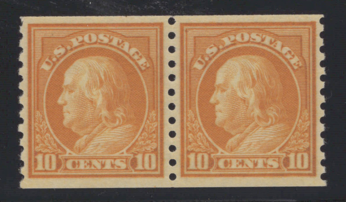 US 497 MNH XF Grade 90 PSAG 10c org yel Franklin Rotary perf 10 coil pair ZAYIX