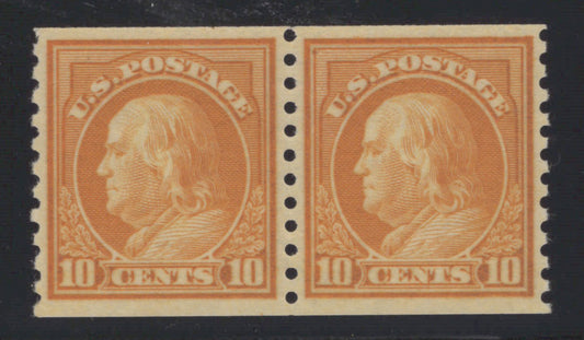 US 497 MNH XF Grade 90 PSAG 10c org yel Franklin Rotary perf 10 coil pair ZAYIX