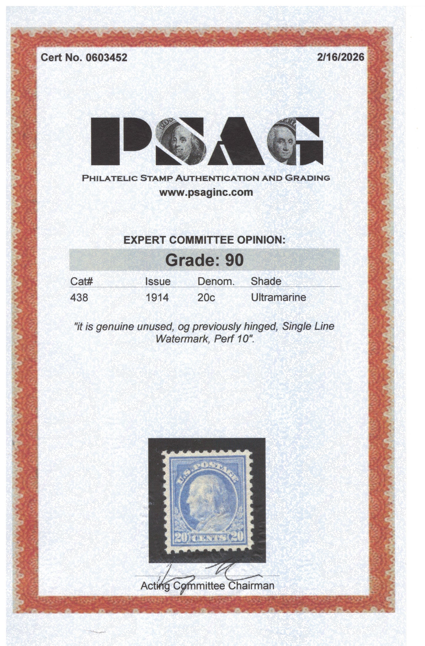 US 438 MH XF Grade 90 PSAG - 1914 20c Ultramarine Franklin P10 SL Wmk ZAYIX