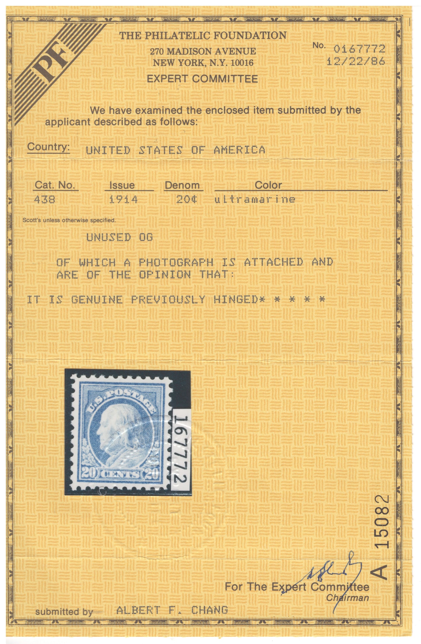 US 438 MH XF Grade 90 PSAG - 1914 20c Ultramarine Franklin P10 SL Wmk ZAYIX