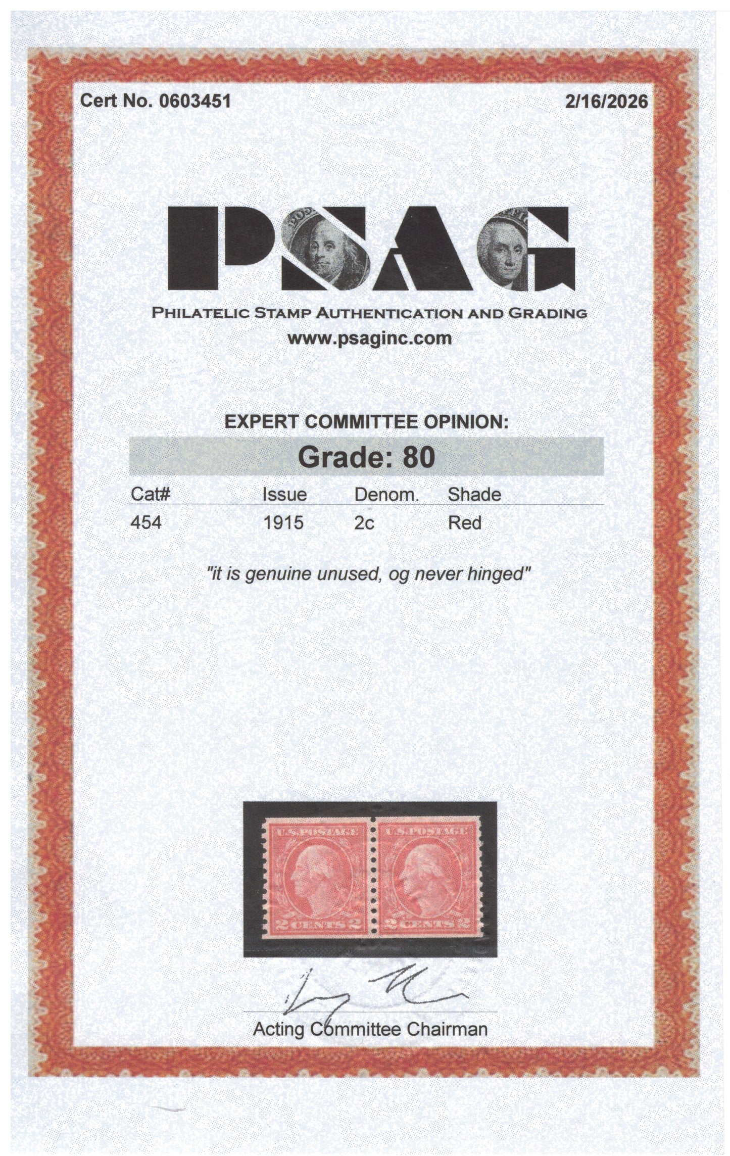 US 454 MNH VF Grade 80 PSAG 1915 2 cent red coil pair, Type II ZAYIX