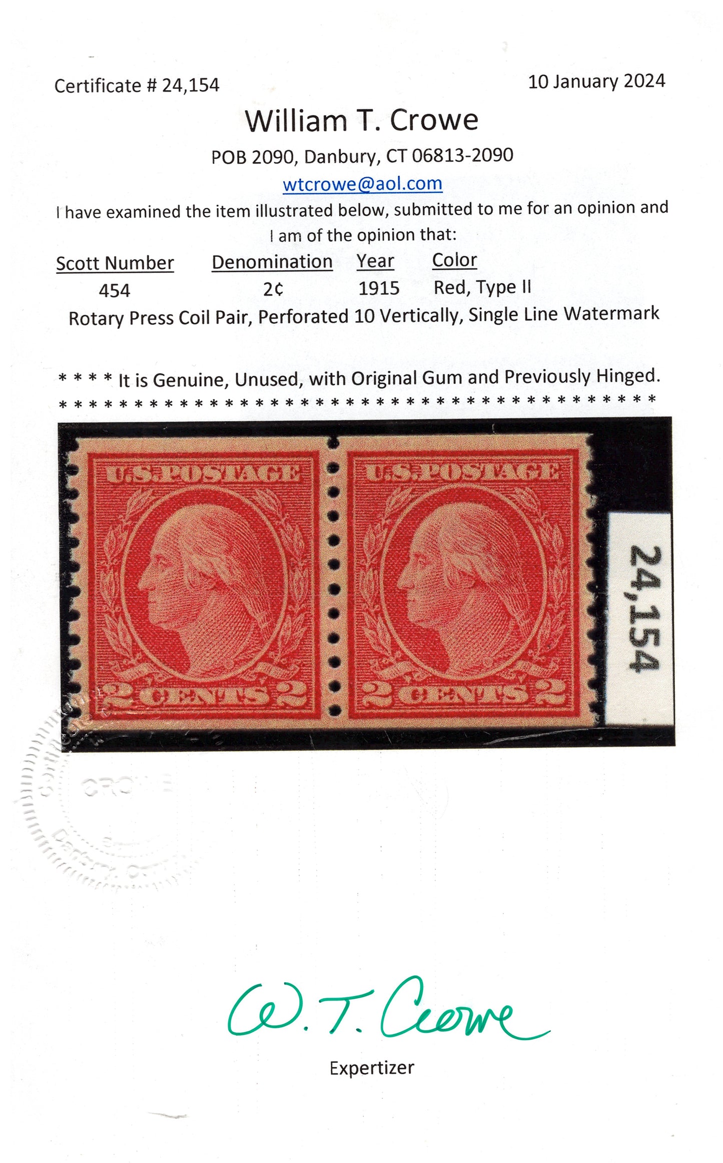 US 454 MNH VF Grade 80 PSAG 1915 2 cent red coil pair, Type II ZAYIX