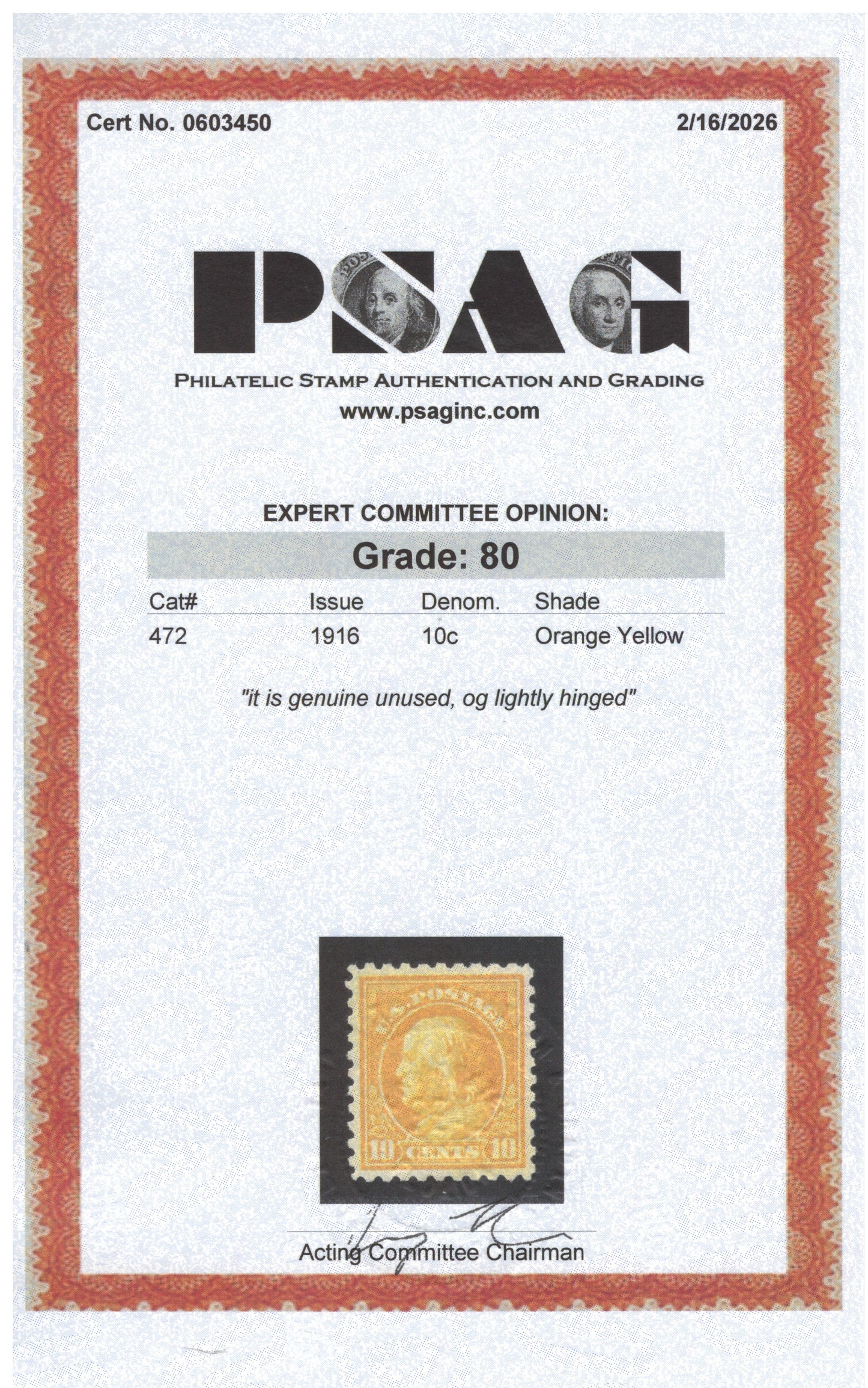 US 472 MLH VF Grade 80 PSAG 1916 10c Orange Yellow Franklin Perf 10 ZAYIX