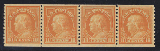 US 497 MNH XF Grade 90 PSAG 1922 10c Org Yel Franklin coil strip Perf 10 ZAYIX