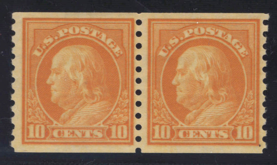 US 497 MNH XF Grade 90 PSAG 1922 10c Org Yel Franklin coil pair Perf 10 ZAYIX