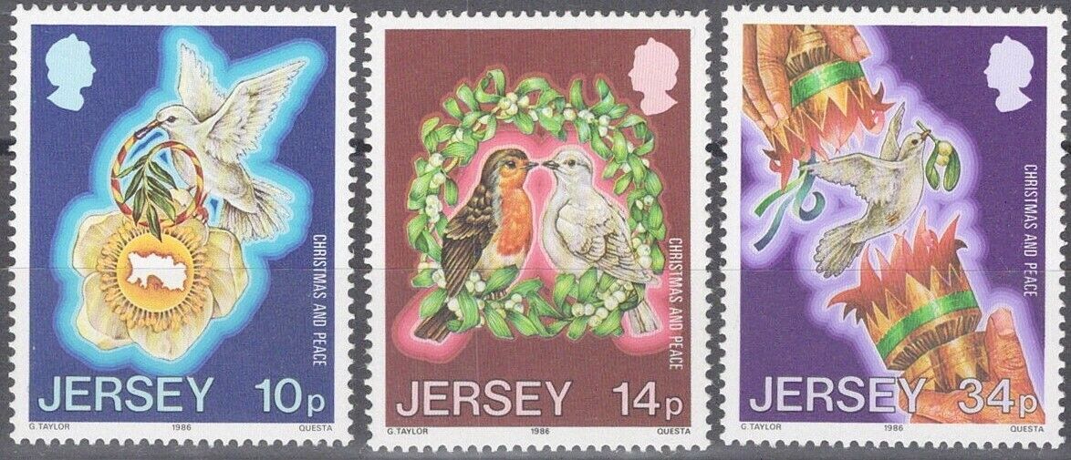 ZAYIX Great Britain - Jersey 411-413 MNH XMAS Intl. Peace Year Dove Lovebirds