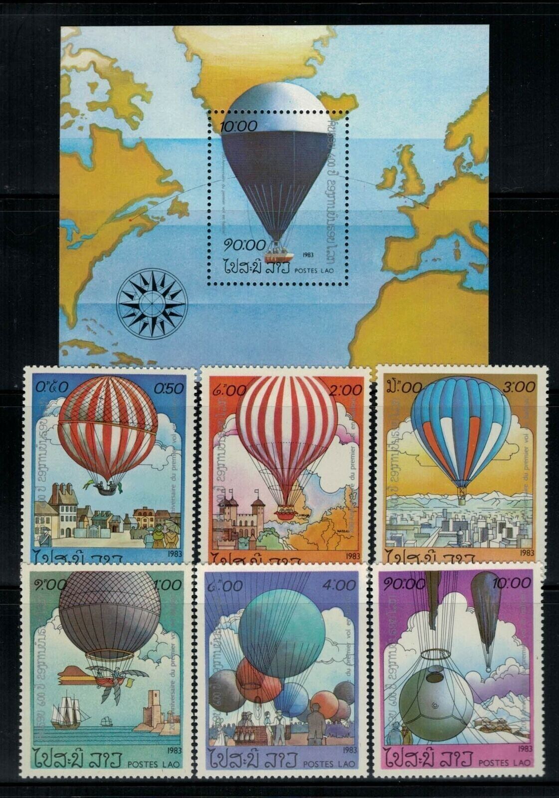 ZAYIX - Laos 459-465 MNH First Manned Balloon Flying Aviation 031222SM11M