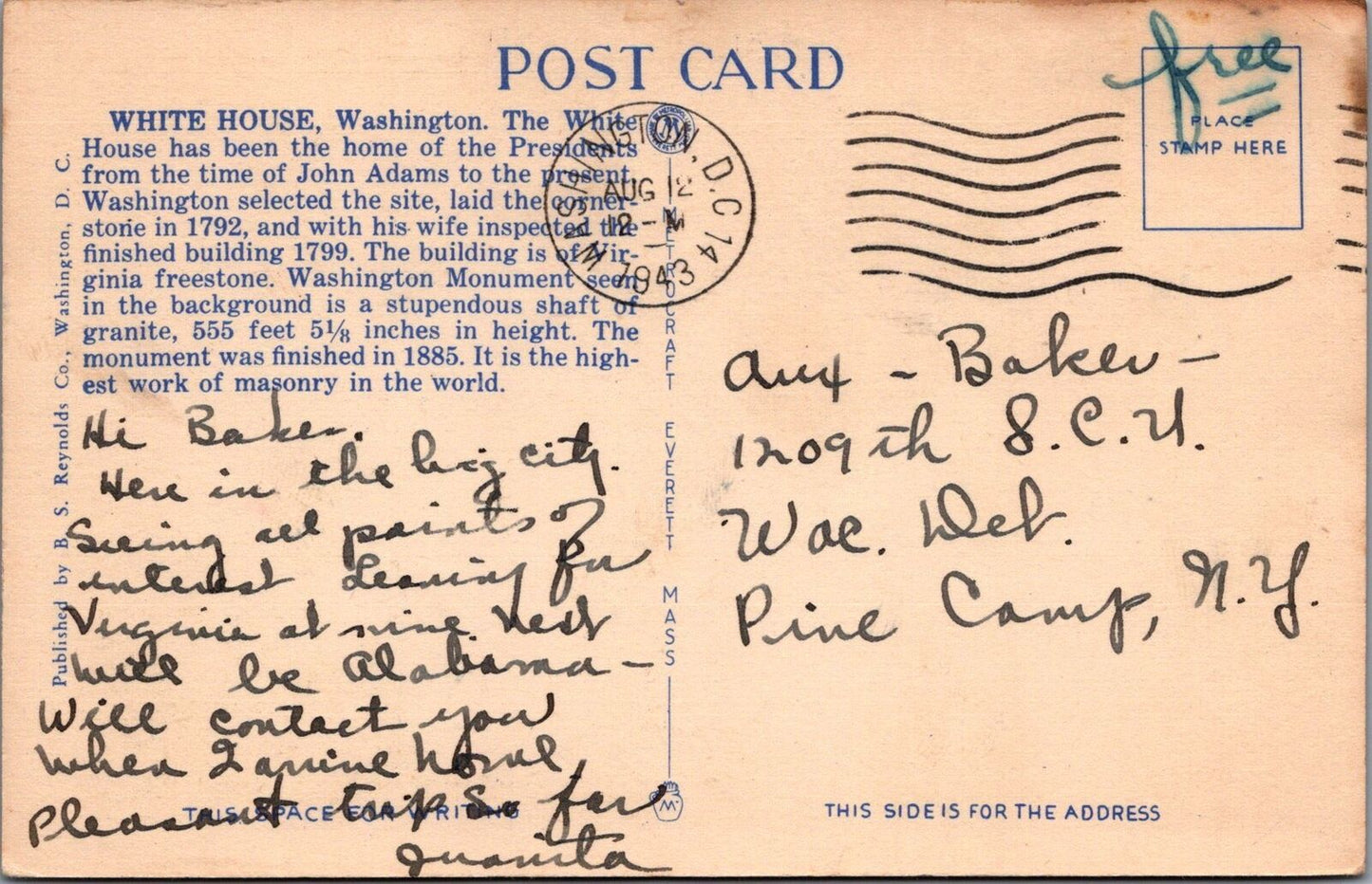 Postcard WWII White House Washington Monument "Free" Postmark