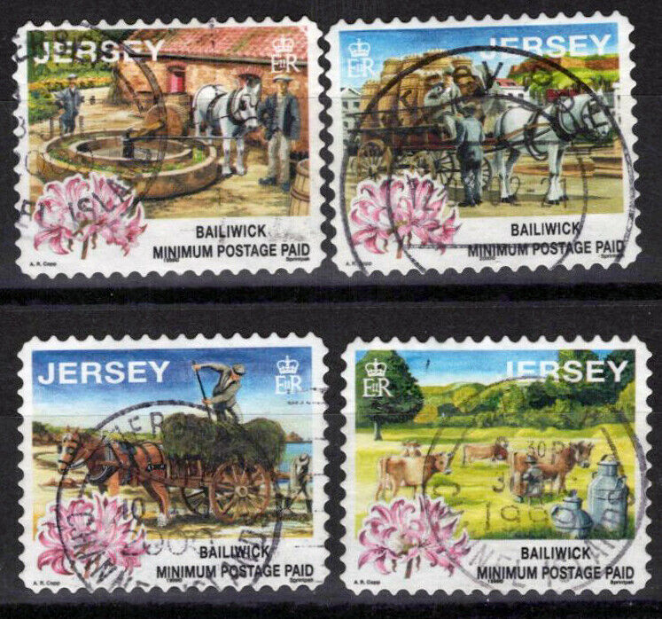 ZAYIX Great Britain - Jersey 854-857 used Horses Wagons Flowers Farm 033023S19