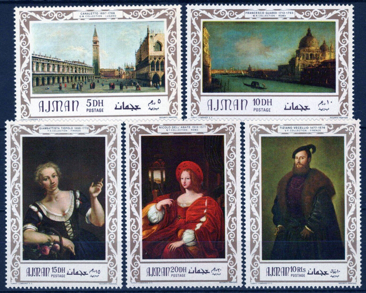 ZAYIX Ajman 419-423 MNH Italian Masterpieces Paintings Architecture 041623S107