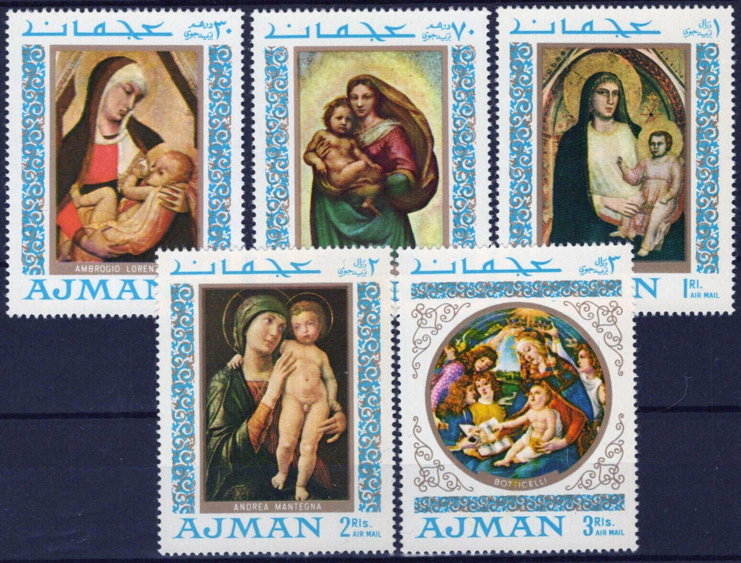 ZAYIX Ajman 327-331 MNH Madonna Paintings Religious Figure 041623S104