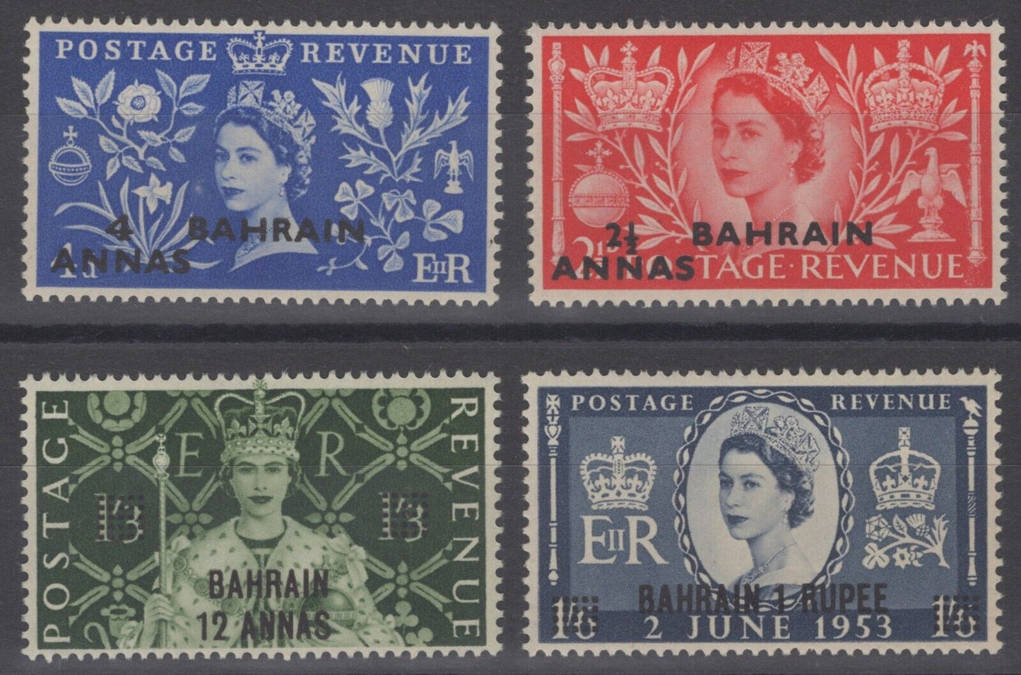 Bahrain 92-95 MH overprints on GreatBritain QE2 Coronation