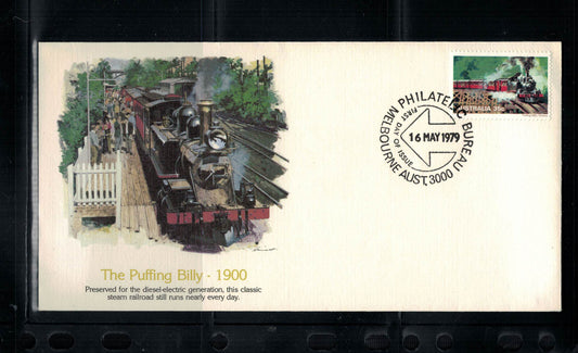 ZAYIX - Trains / Railroads - Australia Fleetwood FDC - The Puffing Billy 1900