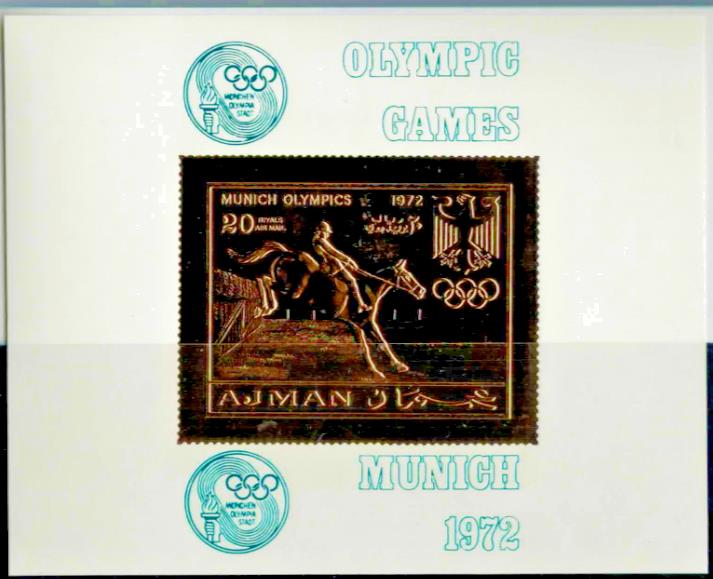 ZAYIX Ajman Block 292 MNH Gold Foil Munich Olympic Games Horses 080323SM30