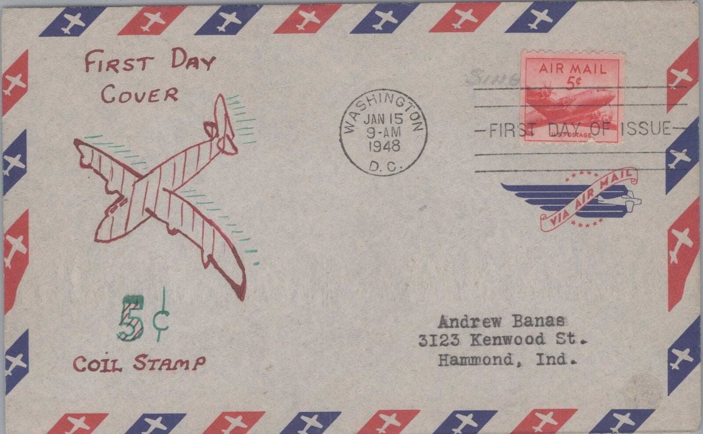 ZAYIX US C37 Hand-inked cachet unknown designer FDC 5c airmail USFM102023026